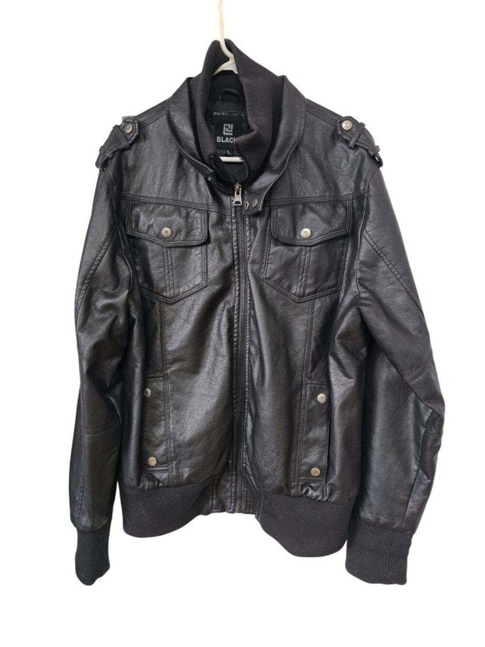 Black Faux Leather Jacket With Ribbed Trim Zip Front Snap Pockets Collar Size L